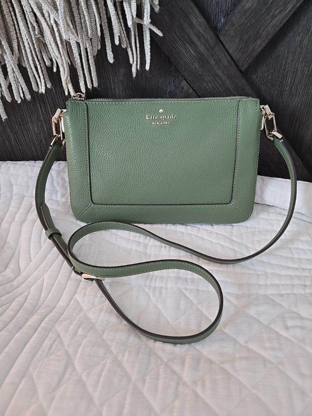 Kate Spade Sage Green Pebbled Leather Cross Body Bag